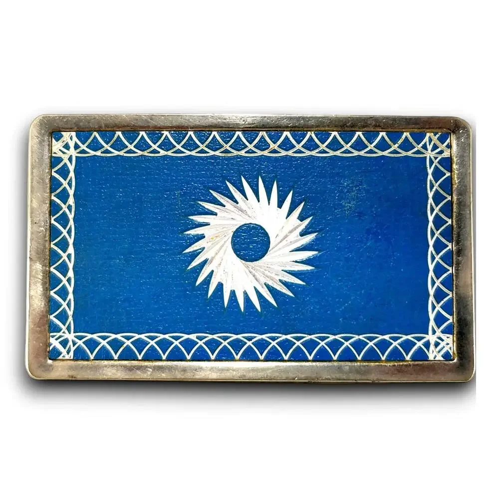 Vintage Blue Leather Belt Buckle Saw Blade Design Western Accessory‎ Gift - Picture 3 of 5